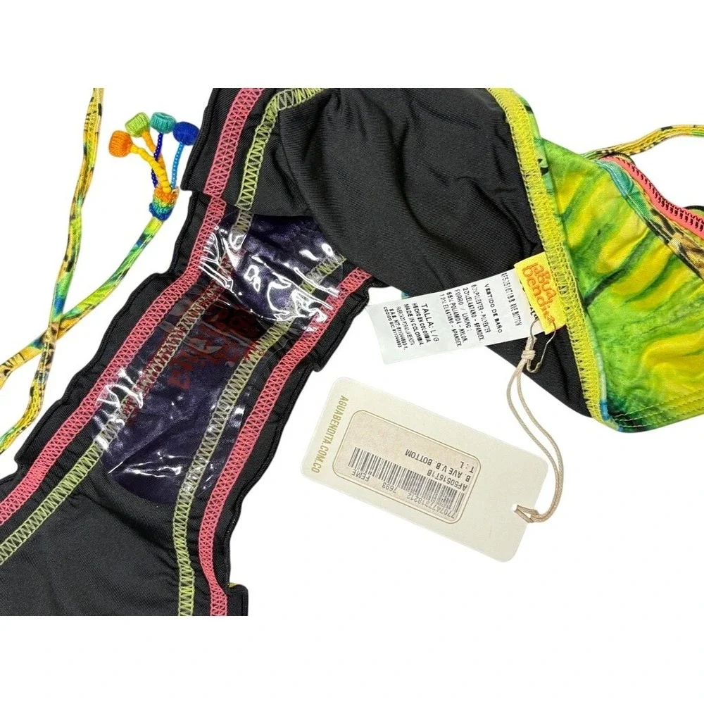 Agua Bendita Ave Birds Bikini Swim Bottom LARGE Green Black‎ Hand Embellished